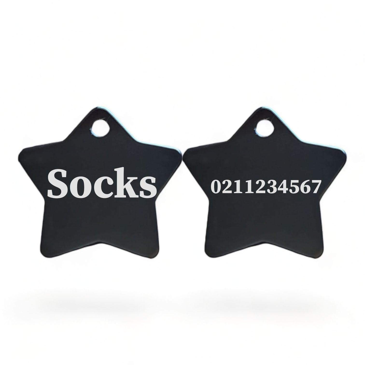 ⭐️Purr. Meow. Woof.⭐️ - Name Front & Number Back | Star Aluminum | Cat, Kitten & Dog ID Pet Tag - Black / Small (Cat)