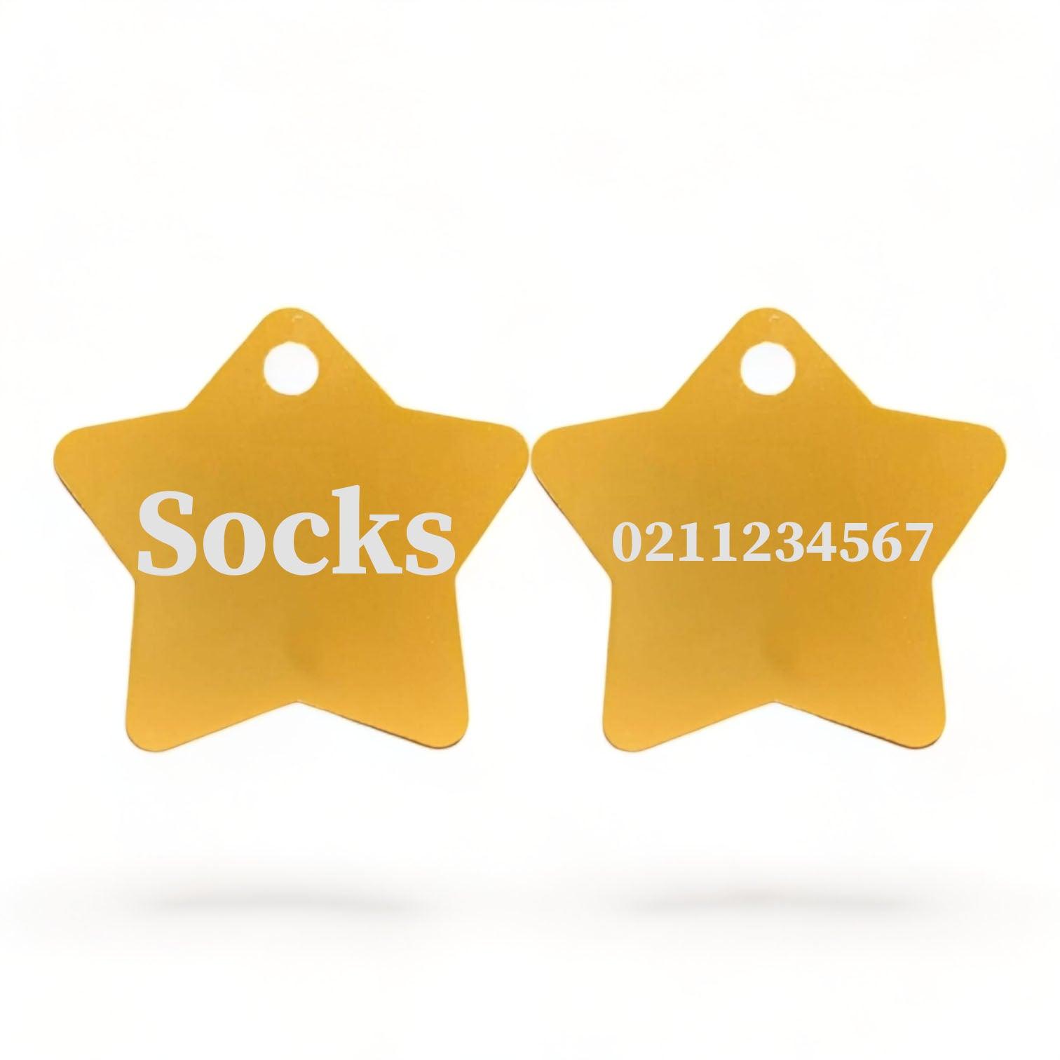 ⭐️Purr. Meow. Woof.⭐️ - Name Front & Number Back | Star Aluminum | Cat, Kitten & Dog ID Pet Tag - Gold / Small (Cat)