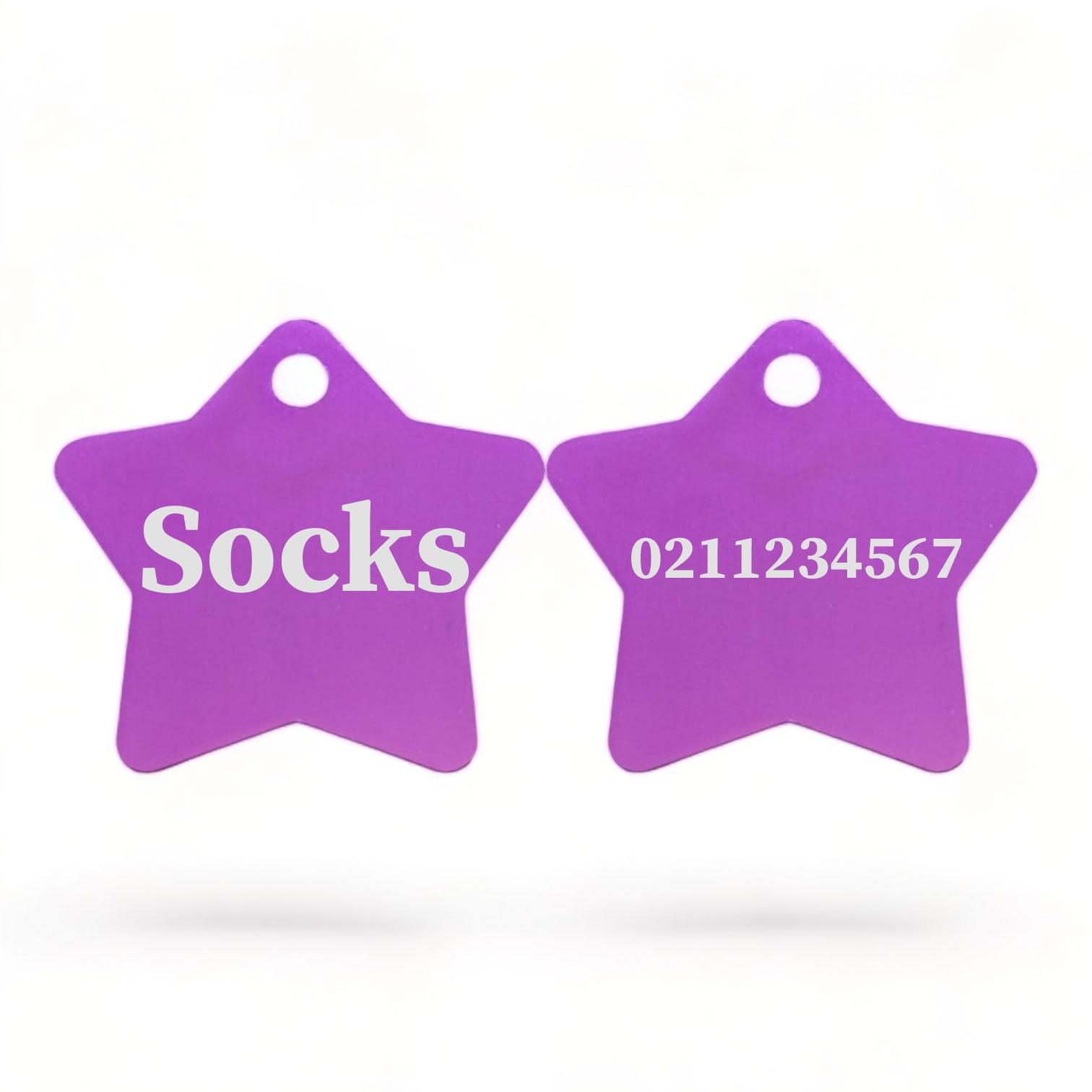 ⭐️Purr. Meow. Woof.⭐️ - Name Front & Number Back | Star Aluminum | Cat, Kitten & Dog ID Pet Tag - Purple / Small (Cat)