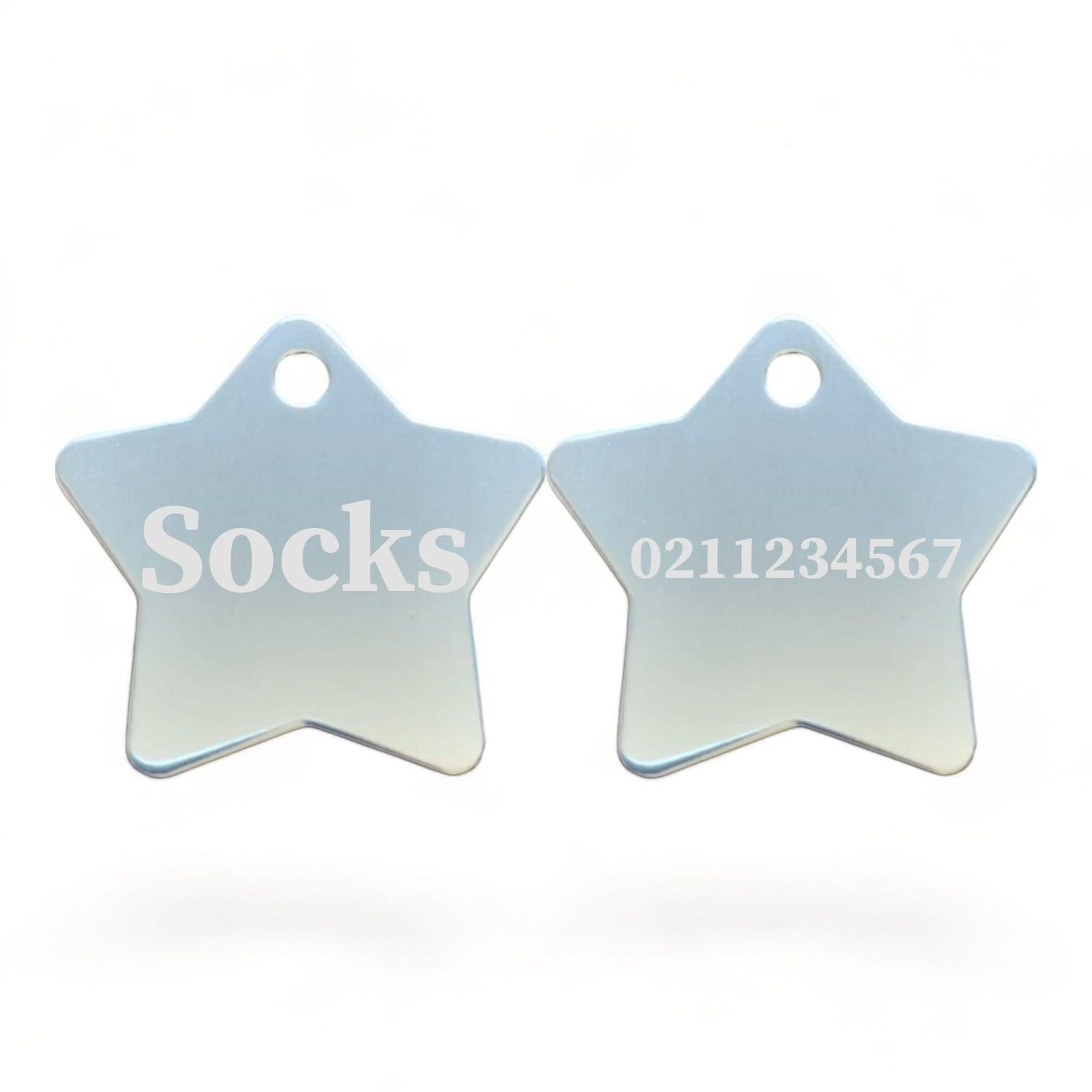 ⭐️Purr. Meow. Woof.⭐️ - Name Front & Number Back | Star Aluminum | Cat, Kitten & Dog ID Pet Tag - Silver / Small (Cat)