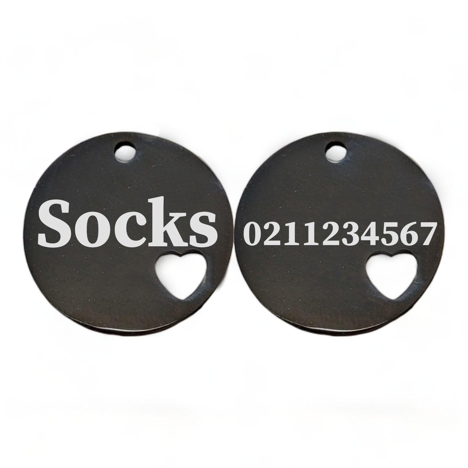 ⭐️Purr. Meow. Woof.⭐️ - Name Front & Number Back Round Heart | Mirror Stainless | Cat & Dog ID Pet Tag - Black / Small ( Cat)