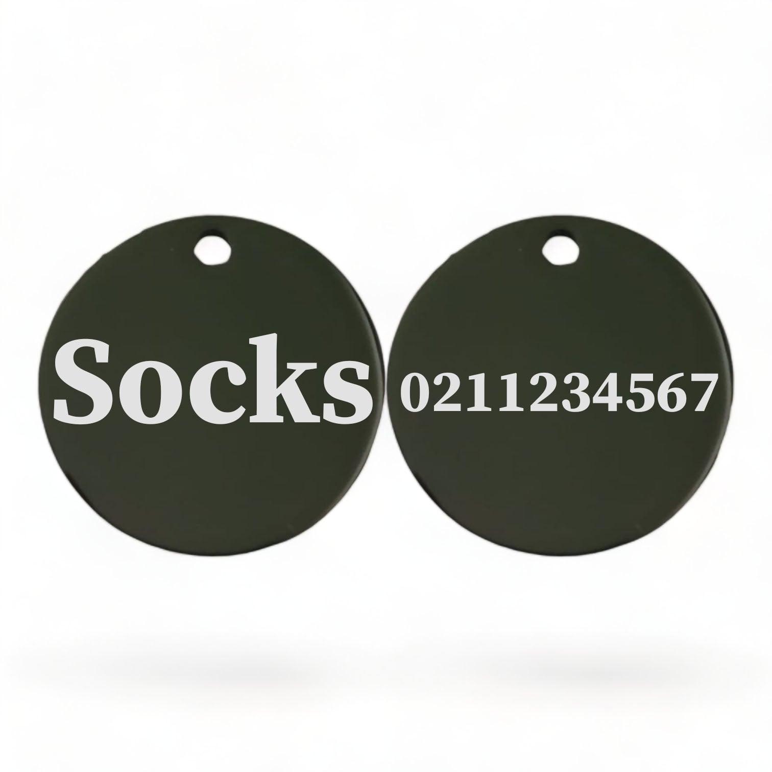 ⭐️Purr. Meow. Woof.⭐️ - Name Front & Number Back Round | Mirror Stainless | Cat ID Pet Tag - Black