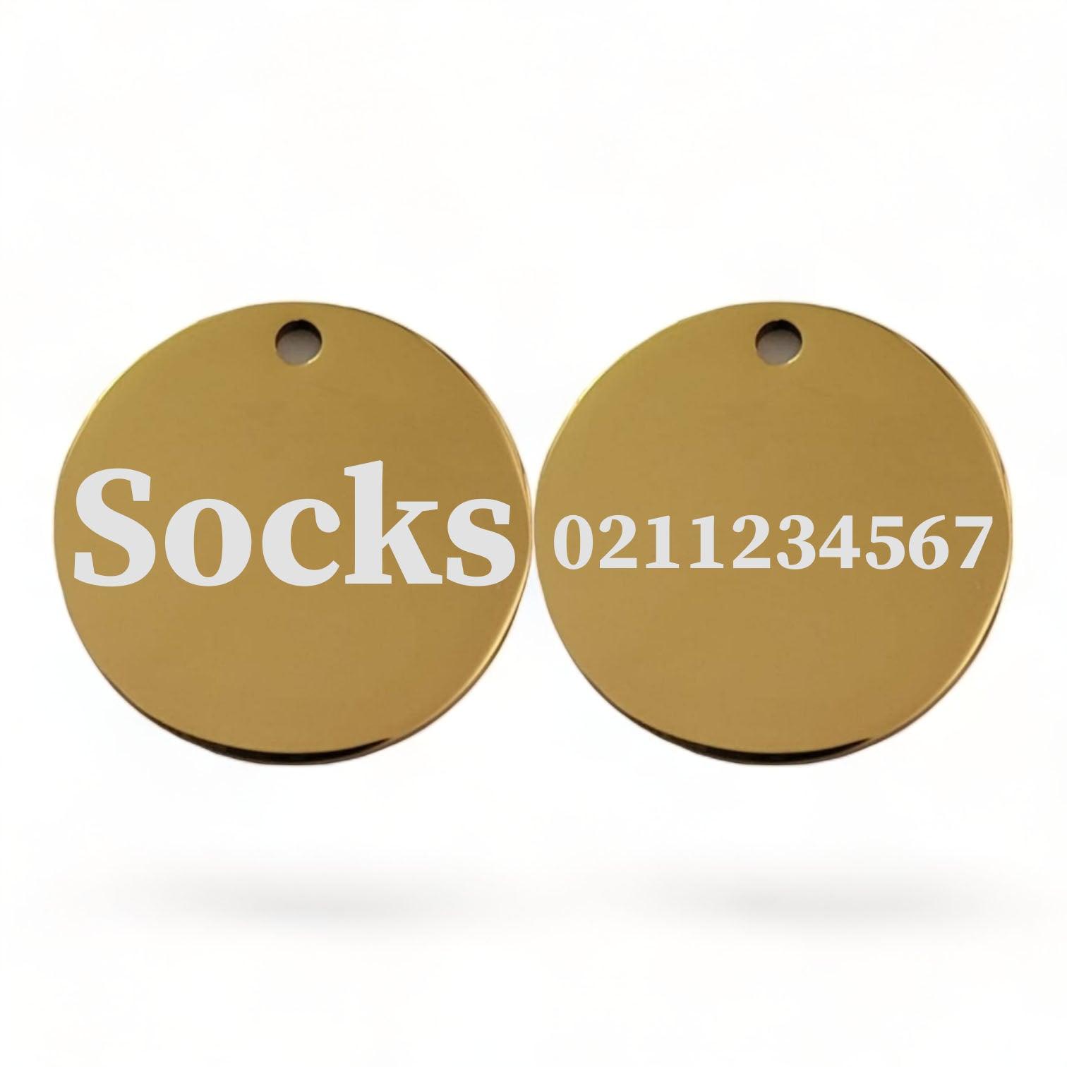 ⭐️Purr. Meow. Woof.⭐️ - Name Front & Number Back Round | Mirror Stainless | Cat ID Pet Tag - Gold