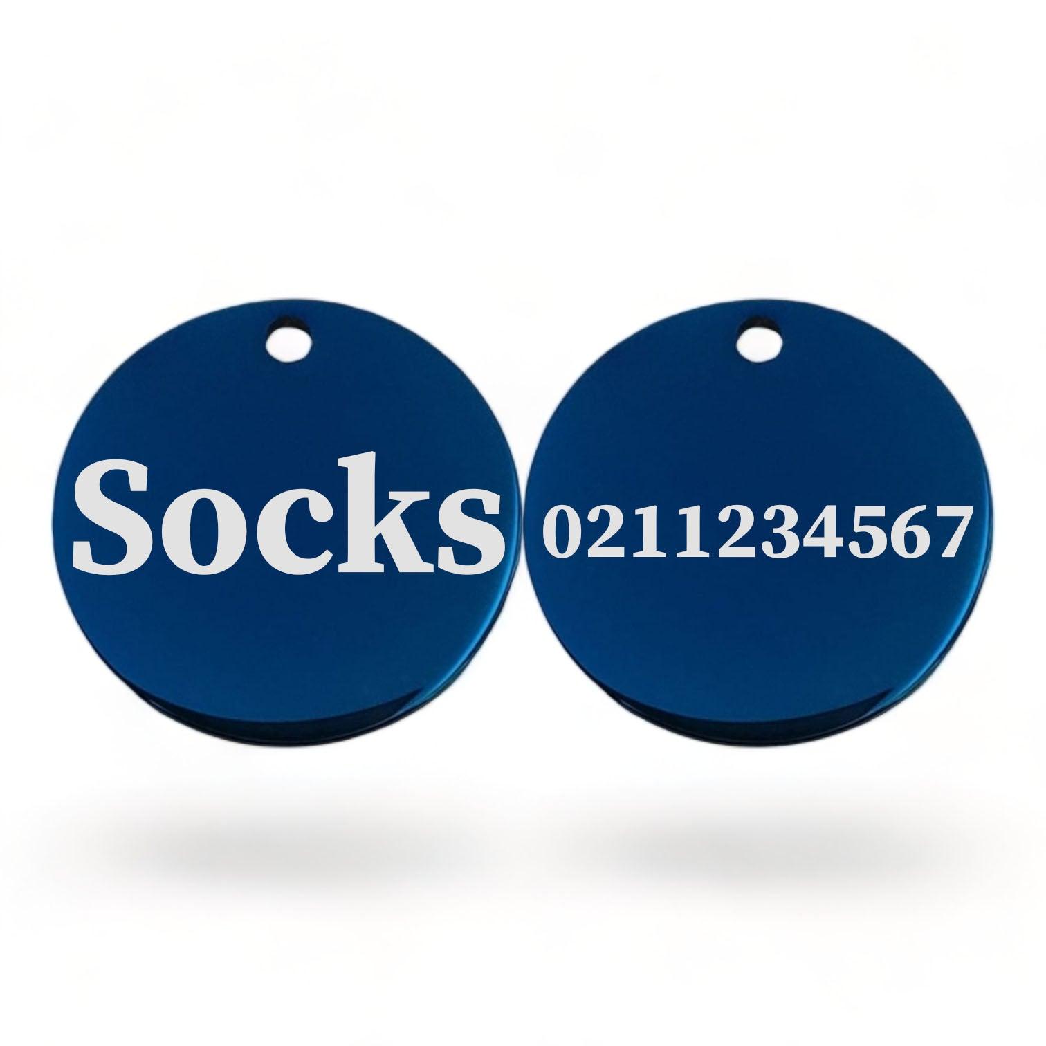 ⭐️Purr. Meow. Woof.⭐️ - Name Front & Number Back Round | Mirror Stainless | Cat ID Pet Tag - MidnightBlue