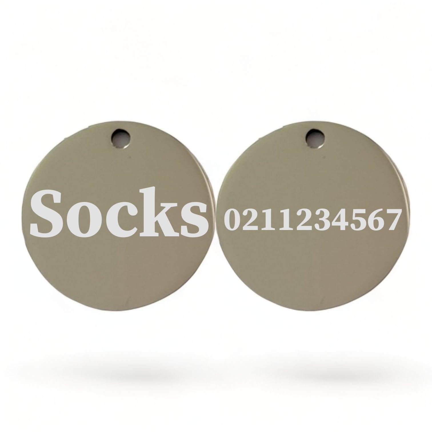 ⭐️Purr. Meow. Woof.⭐️ - Name Front & Number Back Round | Mirror Stainless | Cat ID Pet Tag - Silver