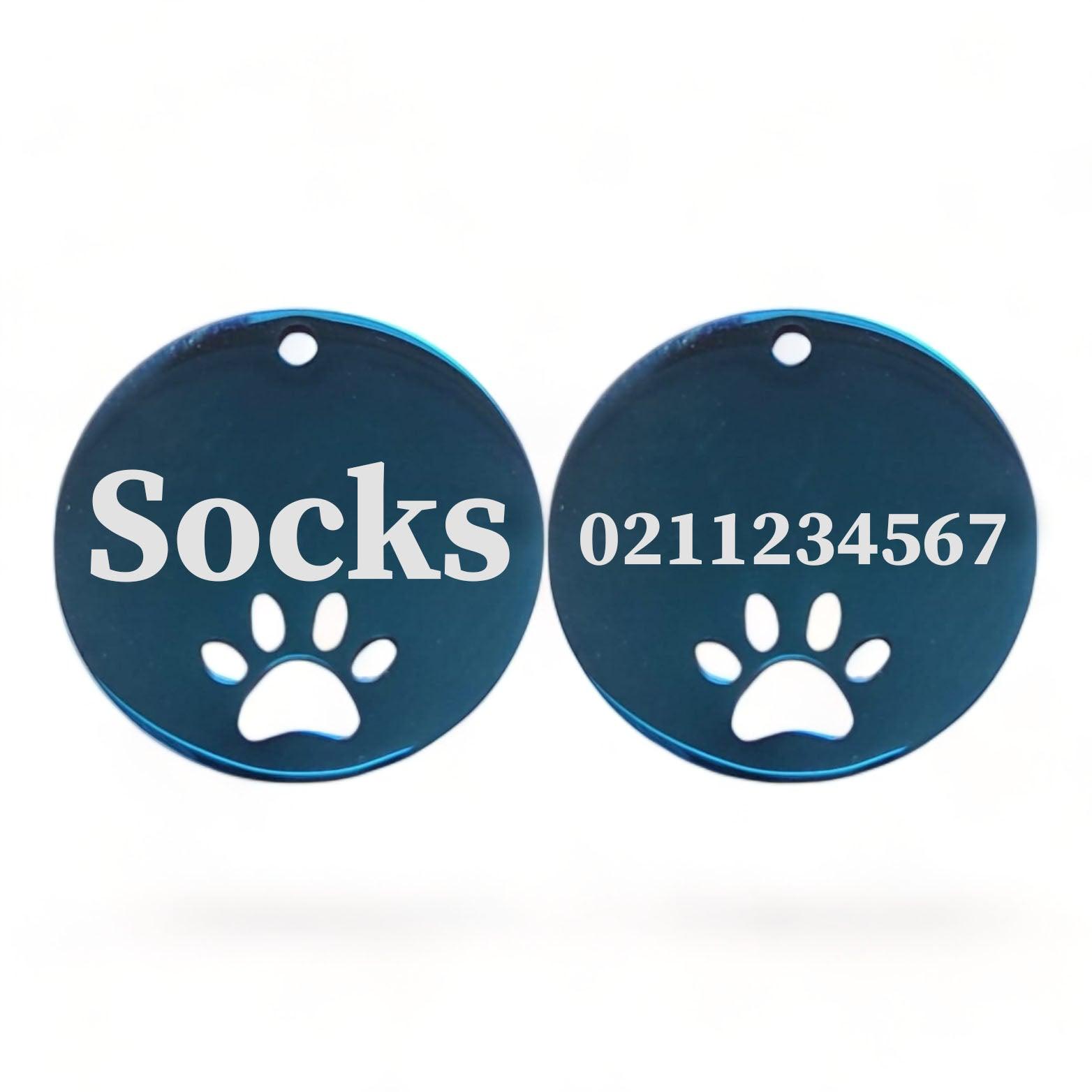 ⭐️Purr. Meow. Woof.⭐️ - Name Front & Number Back Round Paw Print | Mirror Stainless | Cat & Dog ID Pet Tag - MidnightBlue / Small (Cat)