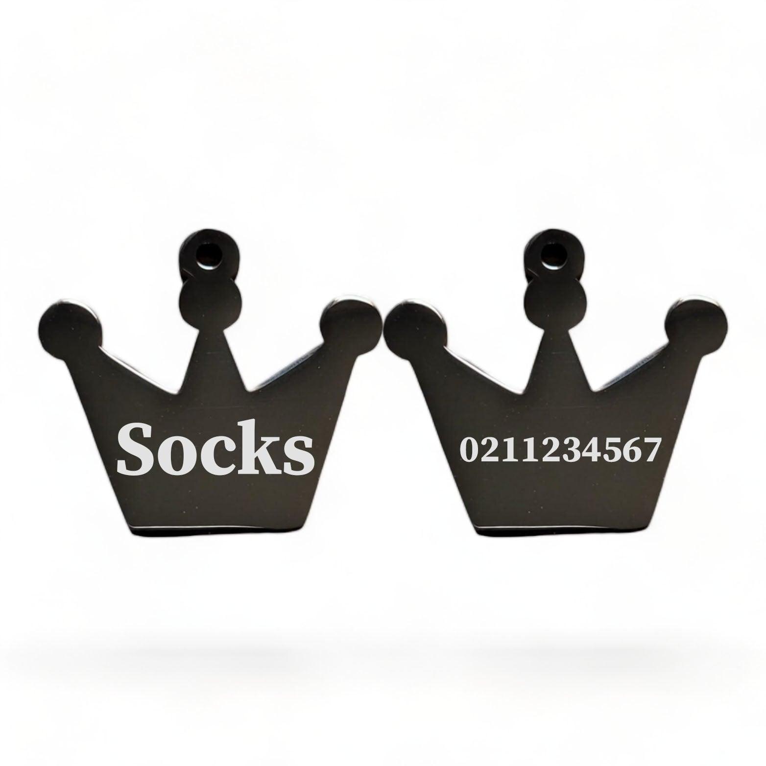 ⭐️Purr. Meow. Woof.⭐️ - Name Front & Number Back Royal Crown | Mirror Stainless | Cat & Dog ID Pet Tag - Black