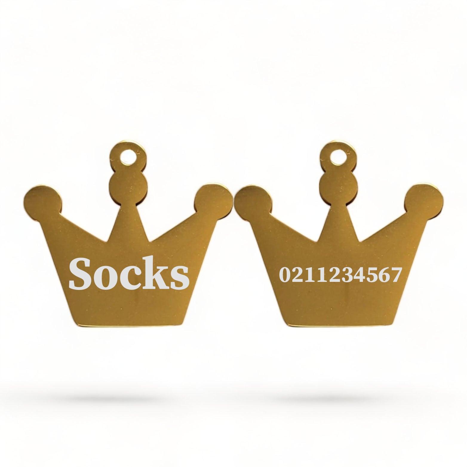 ⭐️Purr. Meow. Woof.⭐️ - Name Front & Number Back Royal Crown | Mirror Stainless | Cat & Dog ID Pet Tag - Gold