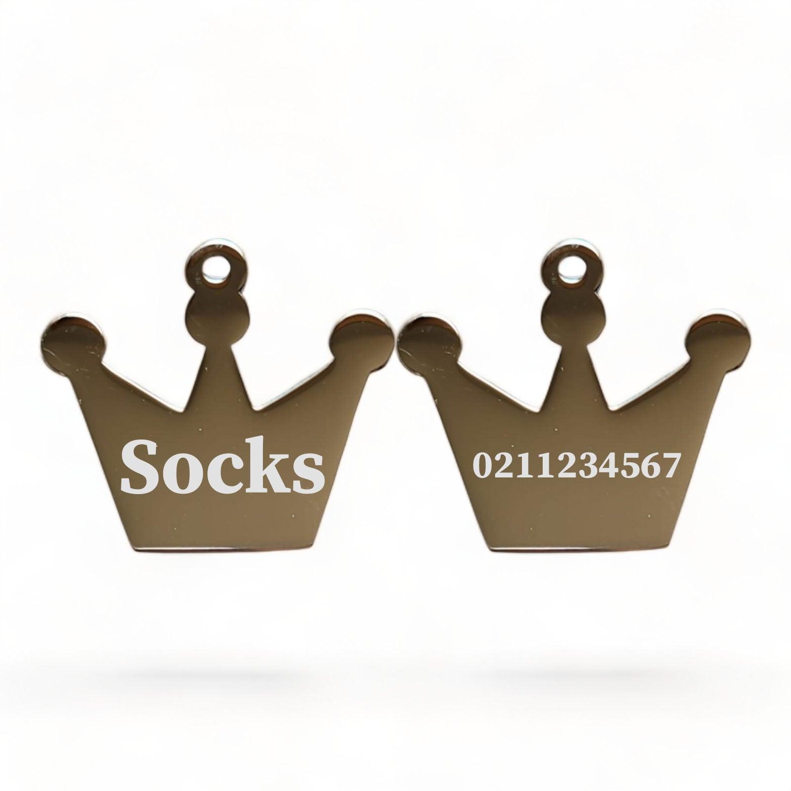⭐️Purr. Meow. Woof.⭐️ - Name Front & Number Back Royal Crown | Mirror Stainless | Cat & Dog ID Pet Tag - Silver