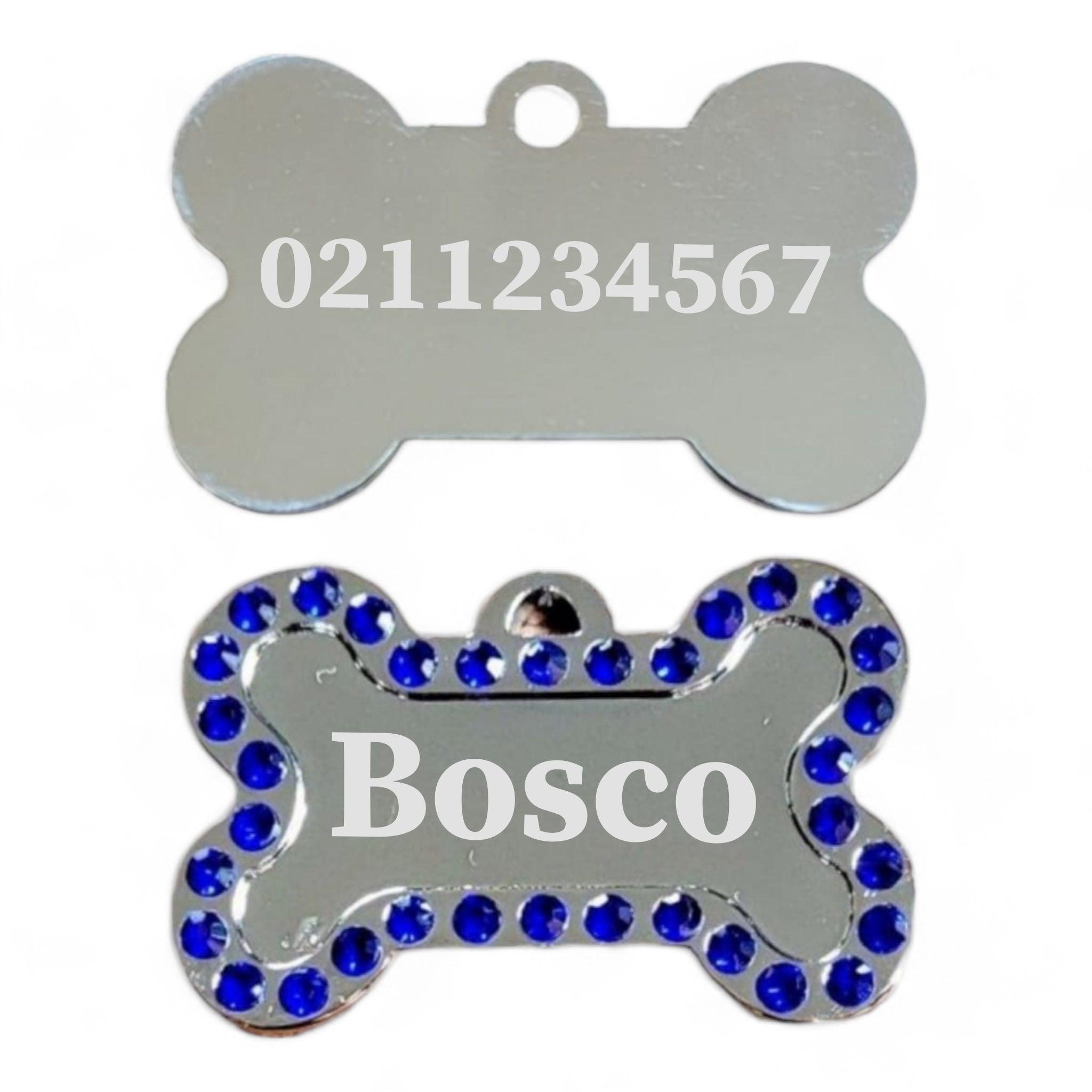 ⭐️Purr. Meow. Woof.⭐️ - Name Front & Number Back Sparkly Bone Dog ID Pet Tag - RoyalBlue