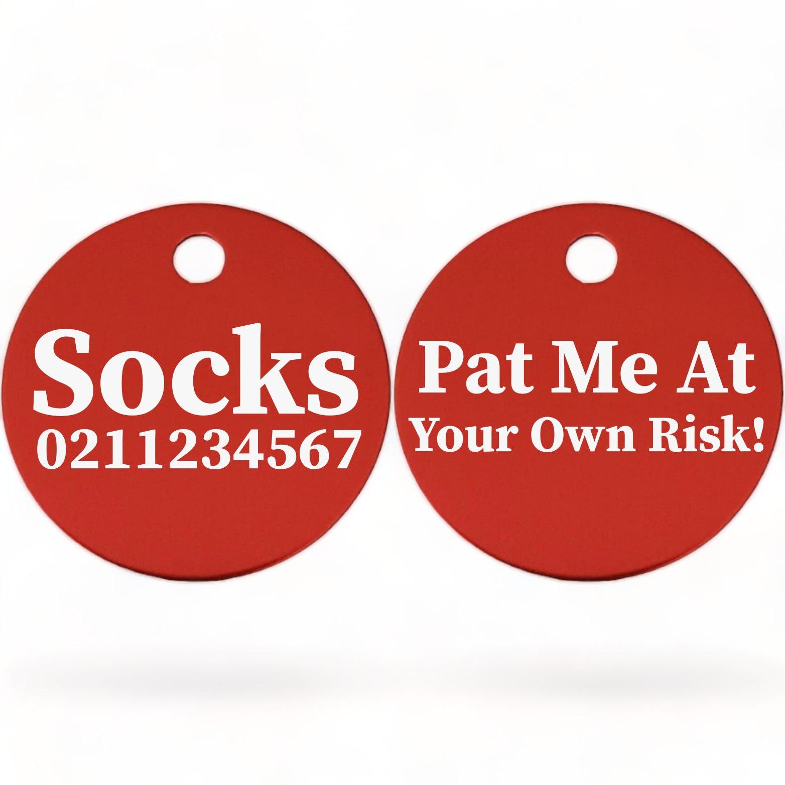 ⭐️Purr. Meow. Woof.⭐️ - Pat Me At Your Own Risk! | Round Aluminium | Cat & Kitten ID Pet Tag - Firebrick