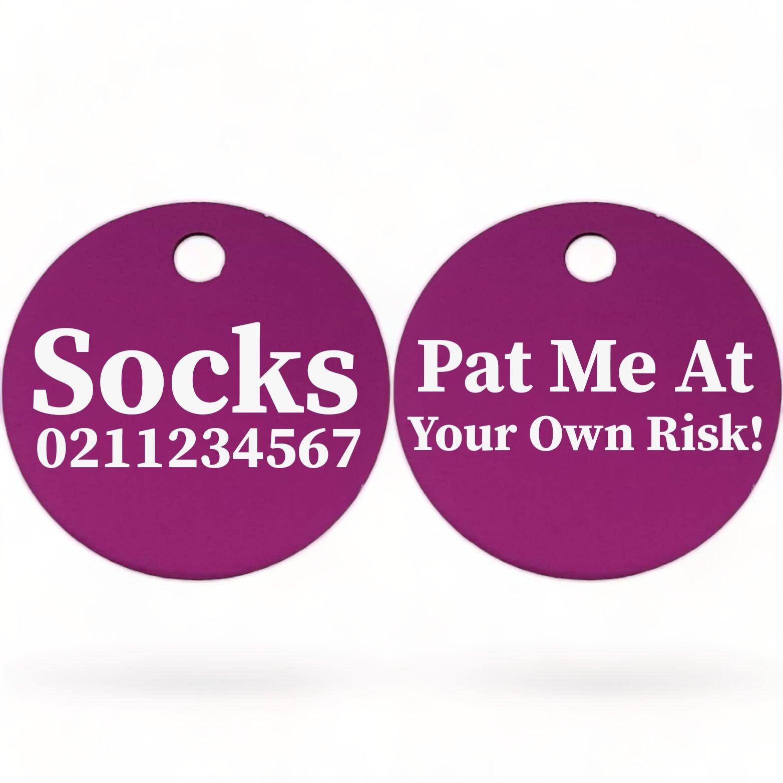 ⭐️Purr. Meow. Woof.⭐️ - Pat Me At Your Own Risk! | Round Aluminium | Cat & Kitten ID Pet Tag - Purple