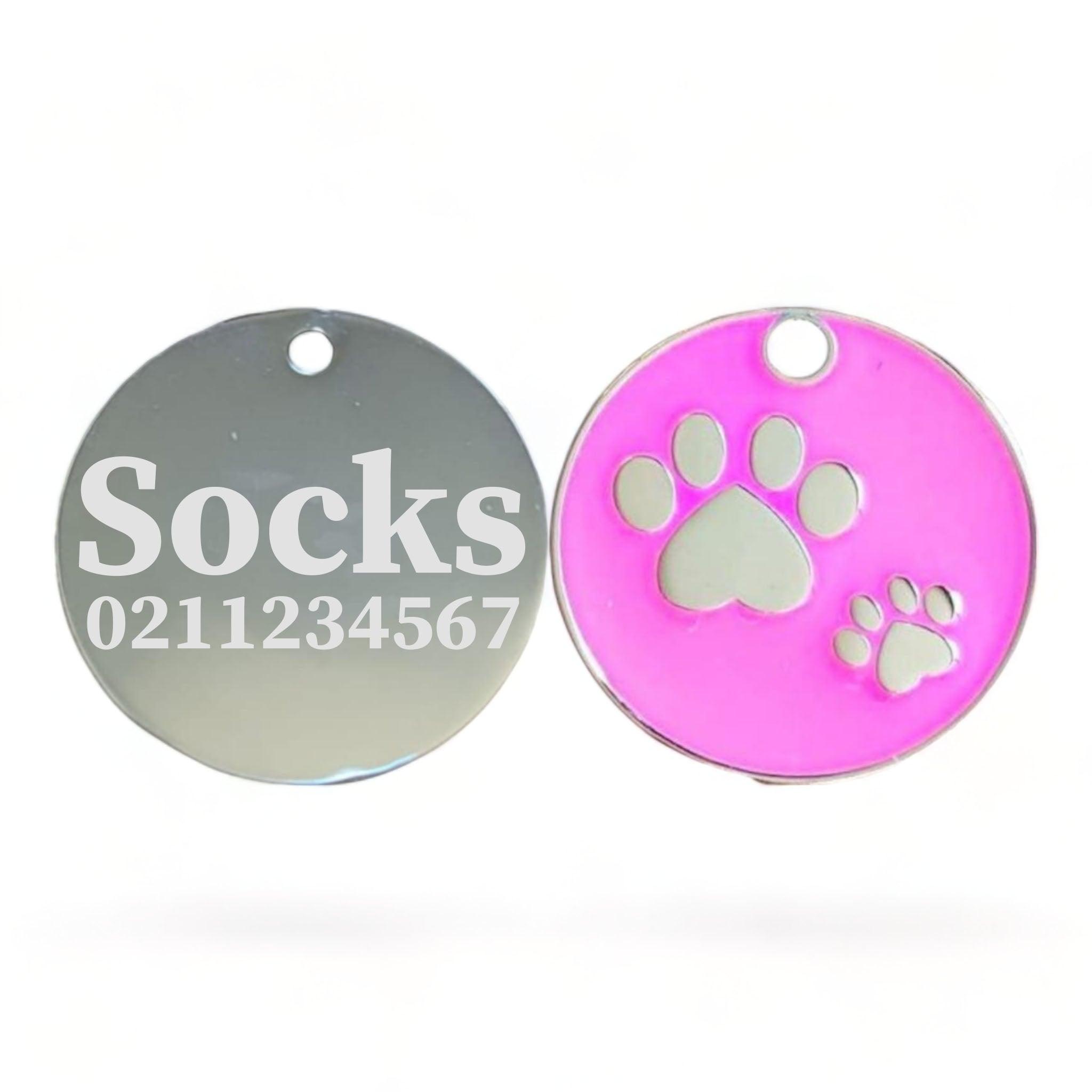 ⭐️Purr. Meow. Woof.⭐️ - Paw Print Round Cat & Dog ID Pet Tag - DeepPink
