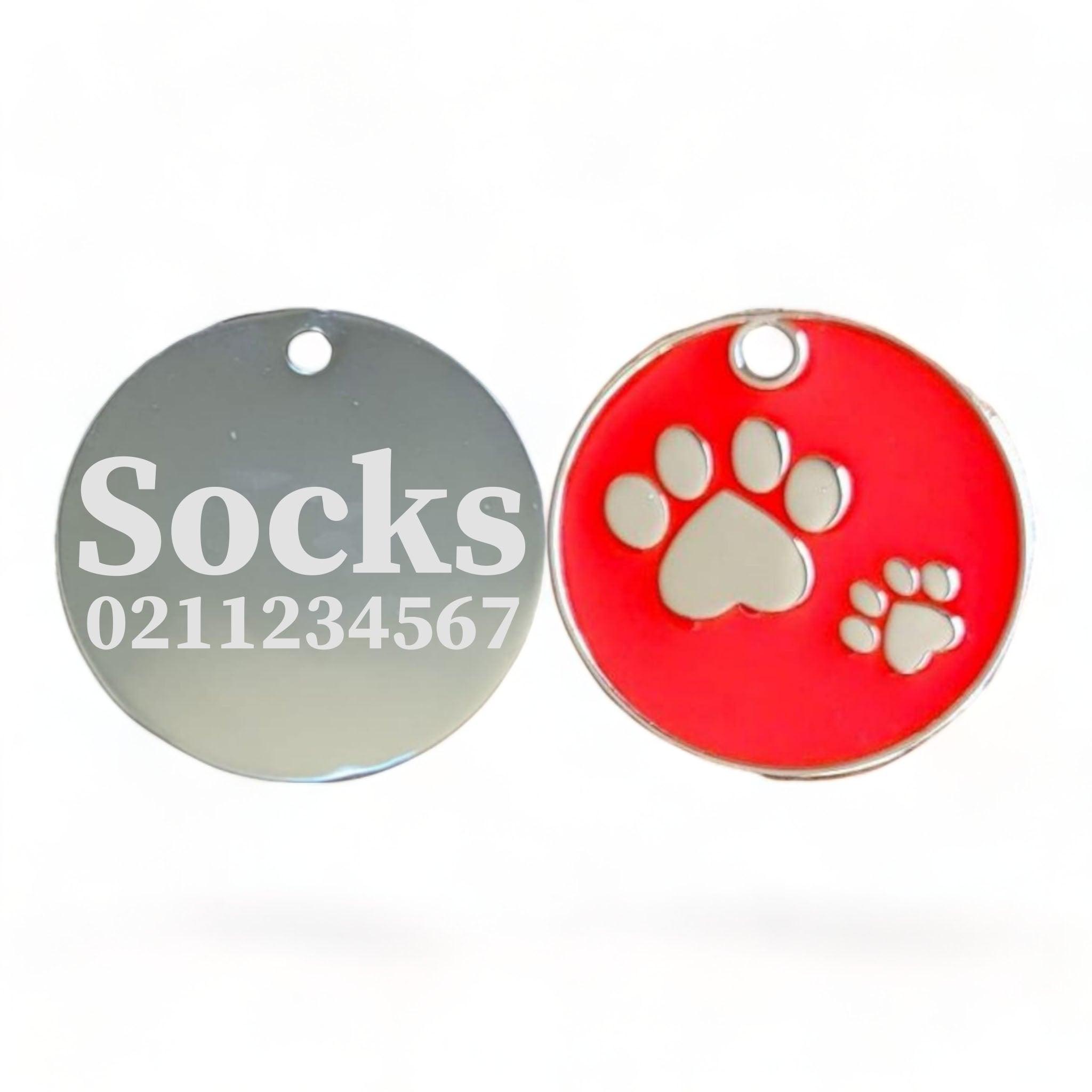 ⭐️Purr. Meow. Woof.⭐️ - Paw Print Round Cat & Dog ID Pet Tag - FireBrick