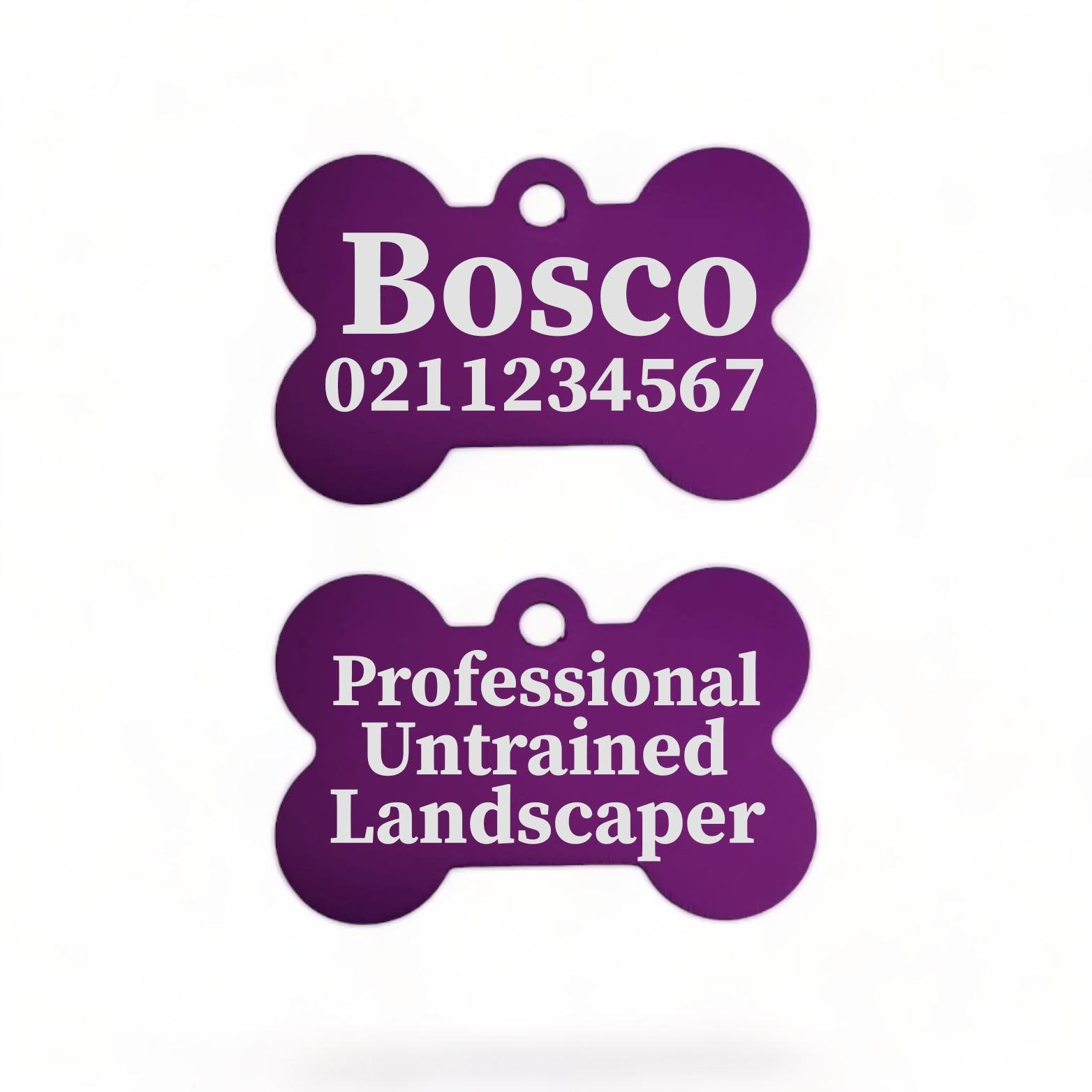 ⭐️Purr. Meow. Woof.⭐️ - Professional Untrained Landscaper | Bone Aluminium | Dog ID Pet Tag - Purple