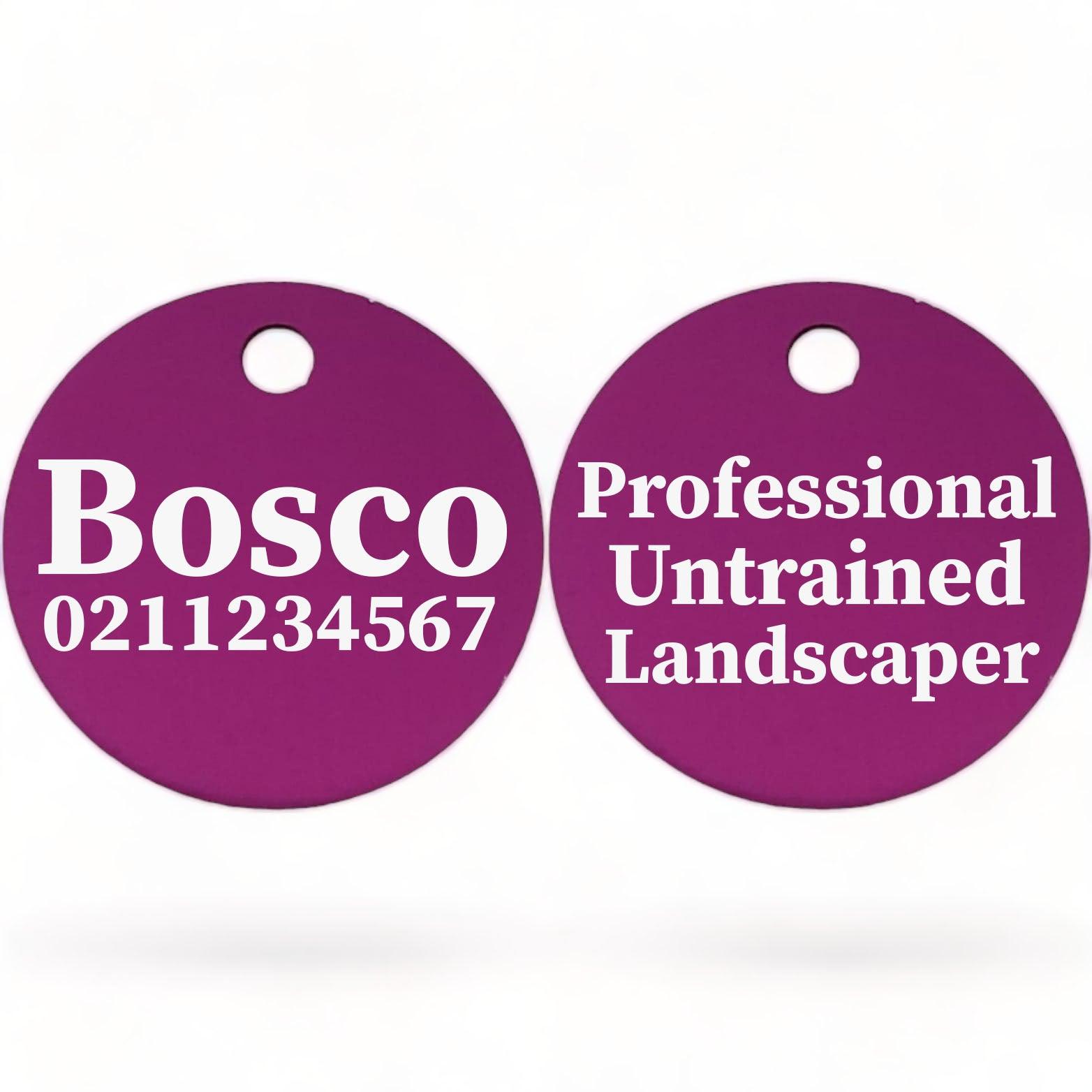 ⭐️Purr. Meow. Woof.⭐️ - Professional Untrained Landscaper | Round Aluminium | Dog ID Pet Tag - Purple