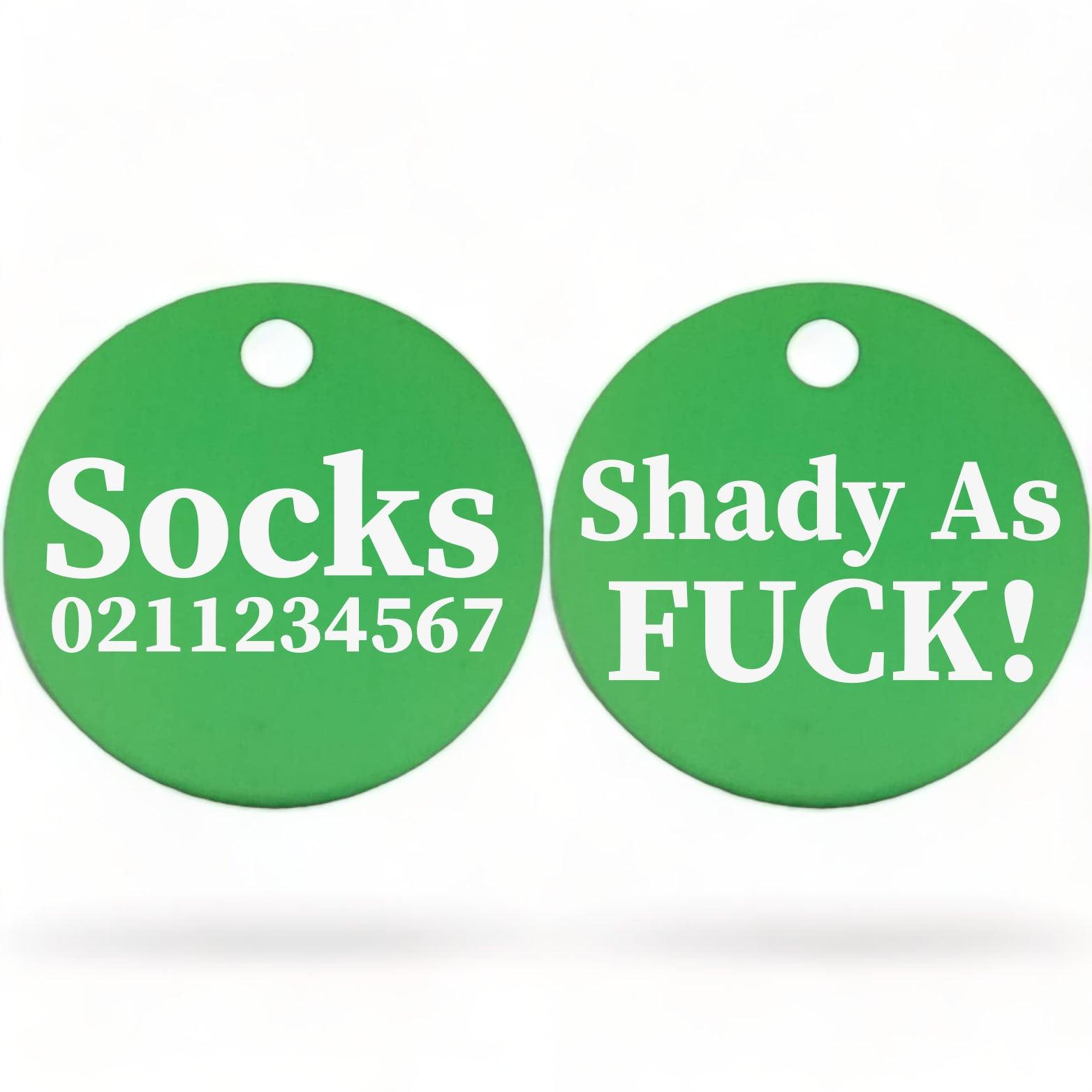 ⭐️Purr. Meow. Woof.⭐️ - Shady As Fuck! | Round Aluminium | Cat & Kitten ID Pet Tag - MediumSpringGreen