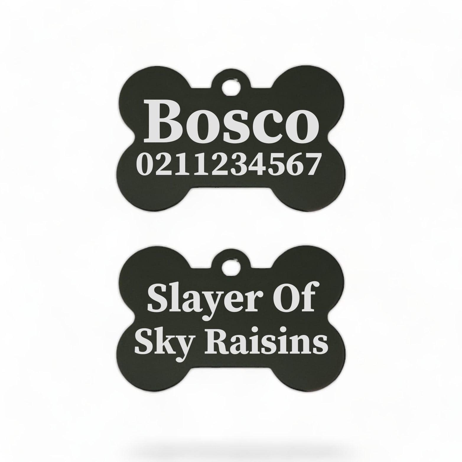 ⭐️Purr. Meow. Woof.⭐️ - Slayer Of Sky Raisins | Bone Aluminium | Dog ID Pet Tag - Black