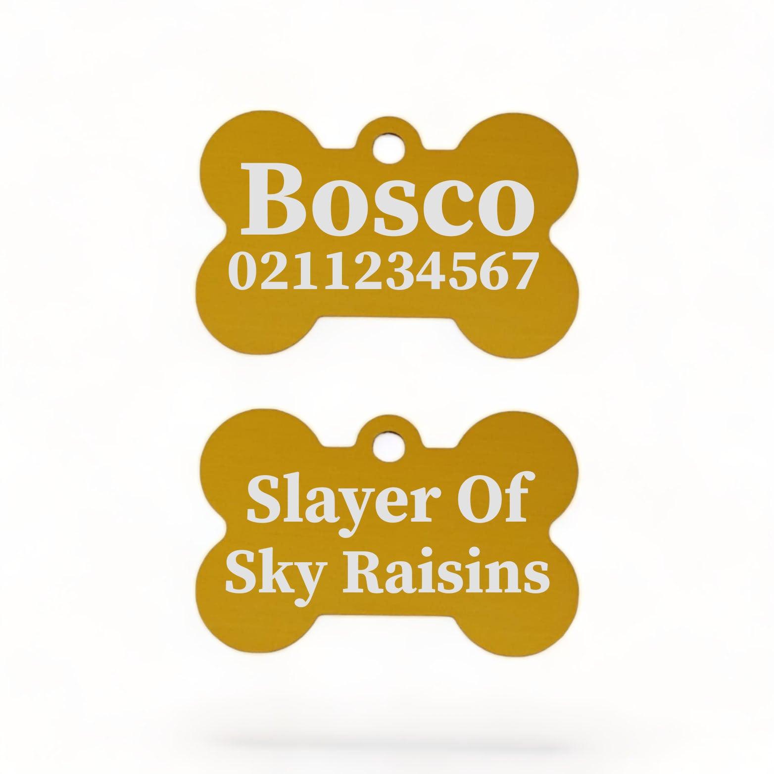 ⭐️Purr. Meow. Woof.⭐️ - Slayer Of Sky Raisins | Bone Aluminium | Dog ID Pet Tag - Gold