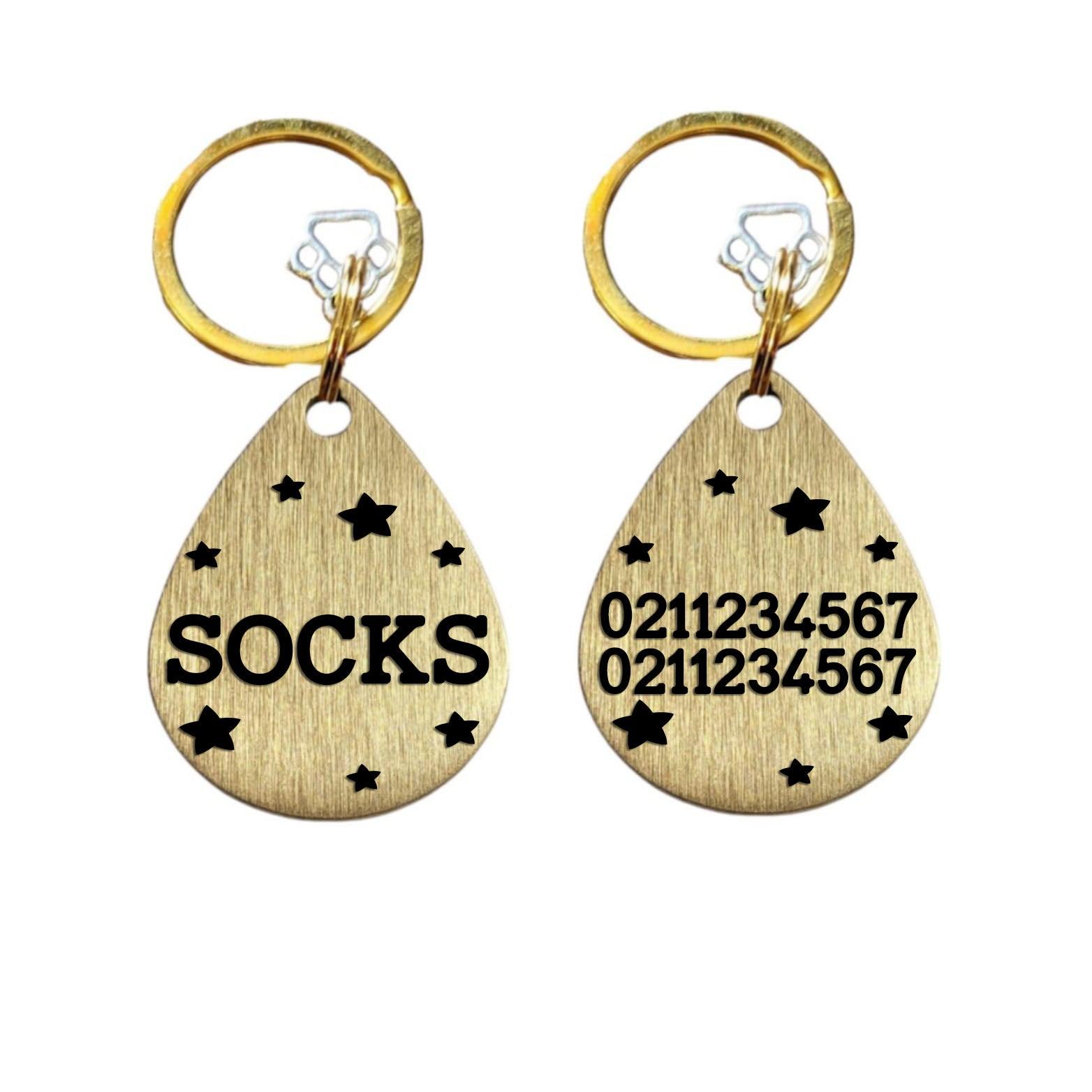 ⭐️Purr. Meow. Woof.⭐️ - Teardrop Name Front & 2 Numbers Back Bespoke Brass Cat & Dog ID Pet Tag - Default Title