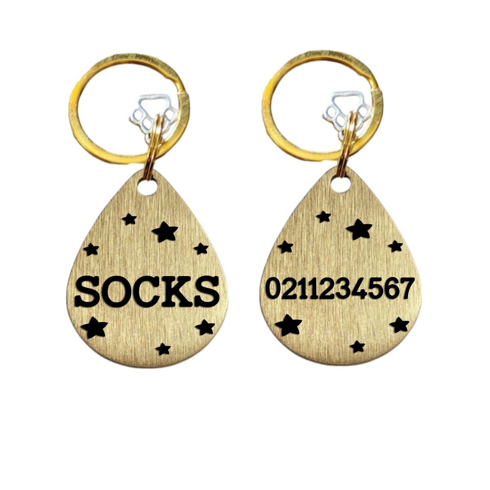 ⭐️Purr. Meow. Woof.⭐️ - Teardrop Name Front & Number Back Bespoke Brass Cat & Dog ID Pet Tag - Default Title