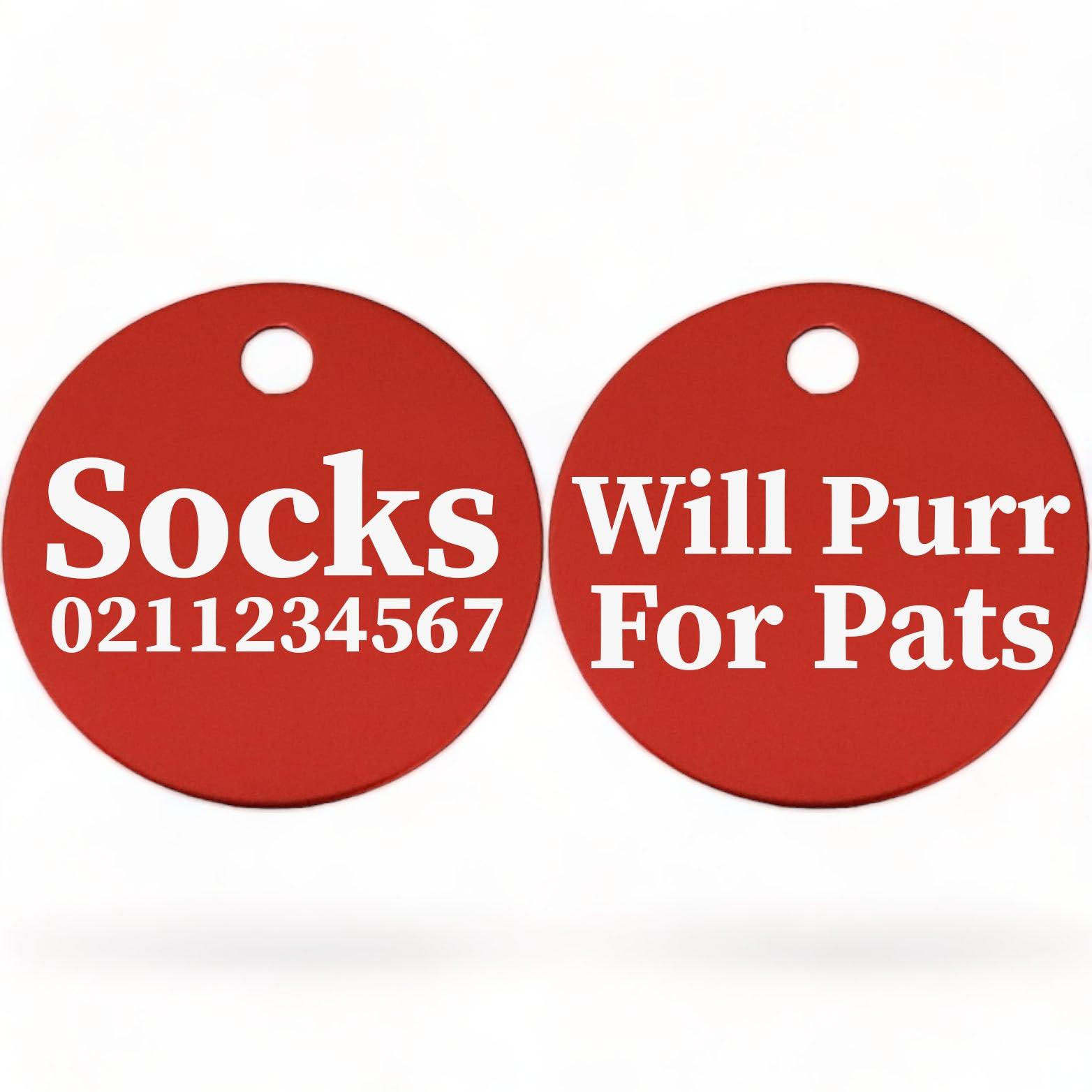 ⭐️Purr. Meow. Woof.⭐️ - Will Purr For Pats | Round Aluminium | Cat & Kitten ID Pet Tag - Firebrick