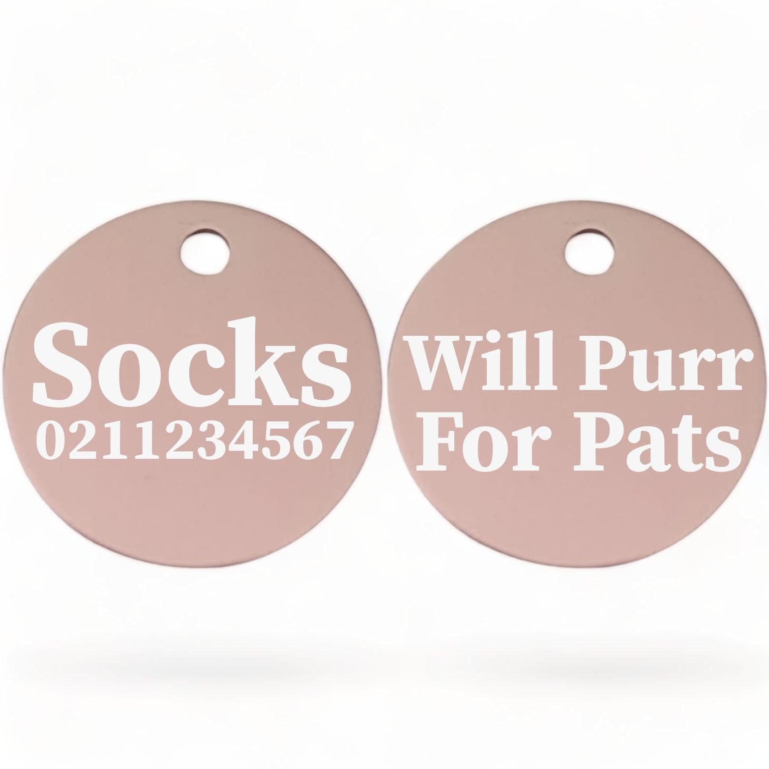 ⭐️Purr. Meow. Woof.⭐️ - Will Purr For Pats | Round Aluminium | Cat & Kitten ID Pet Tag - LightPink