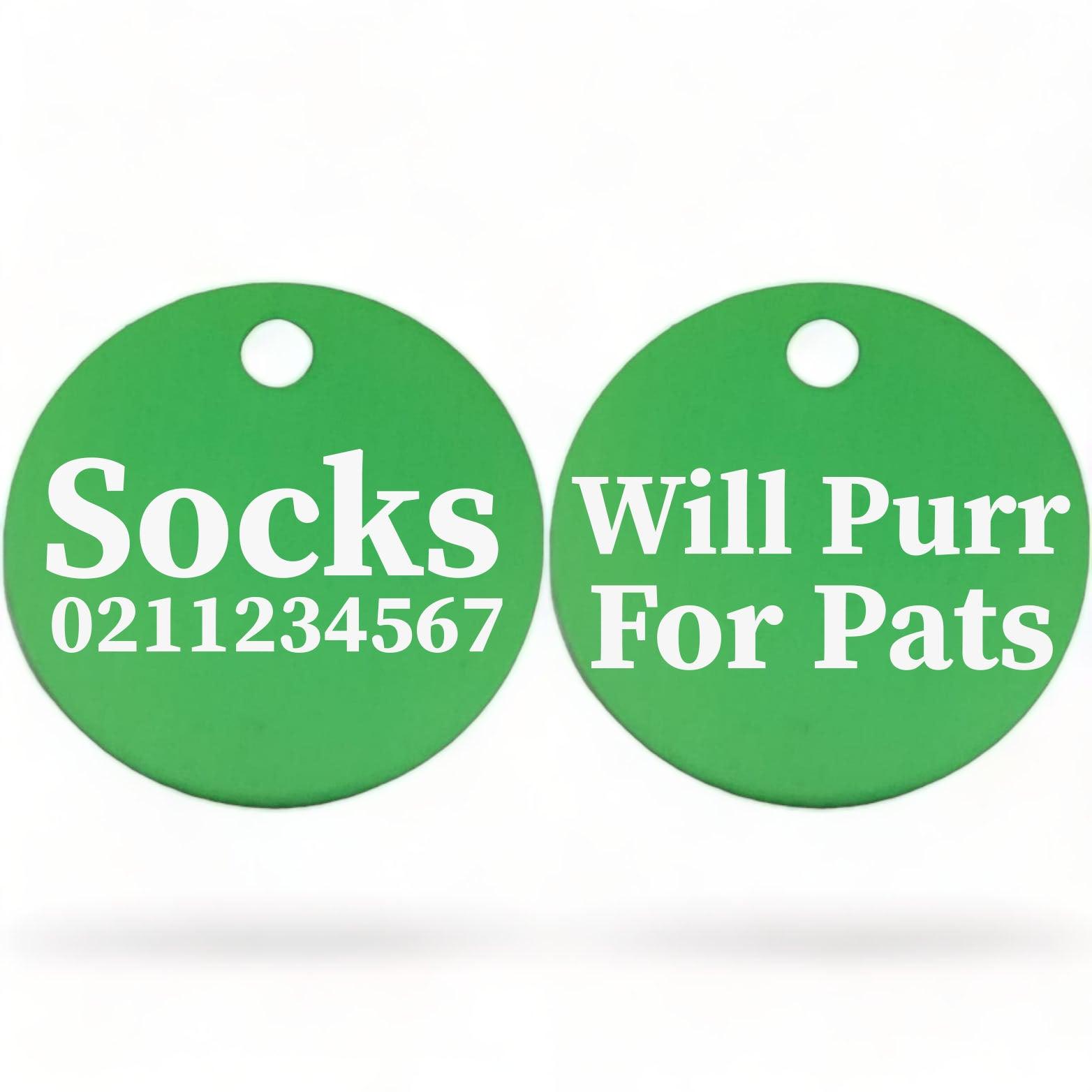 ⭐️Purr. Meow. Woof.⭐️ - Will Purr For Pats | Round Aluminium | Cat & Kitten ID Pet Tag - MediumSpringGreen