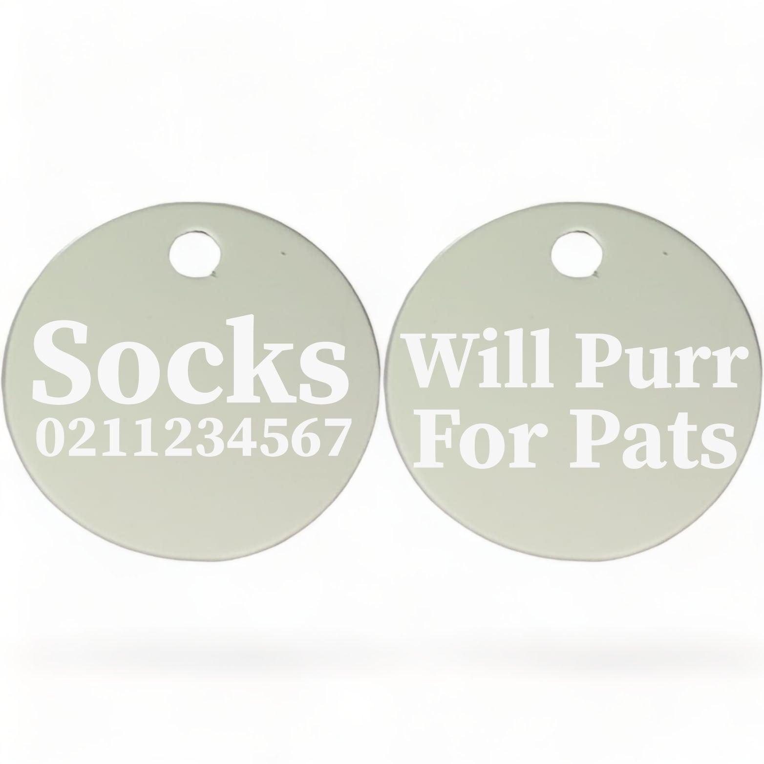⭐️Purr. Meow. Woof.⭐️ - Will Purr For Pats | Round Aluminium | Cat & Kitten ID Pet Tag - Silver