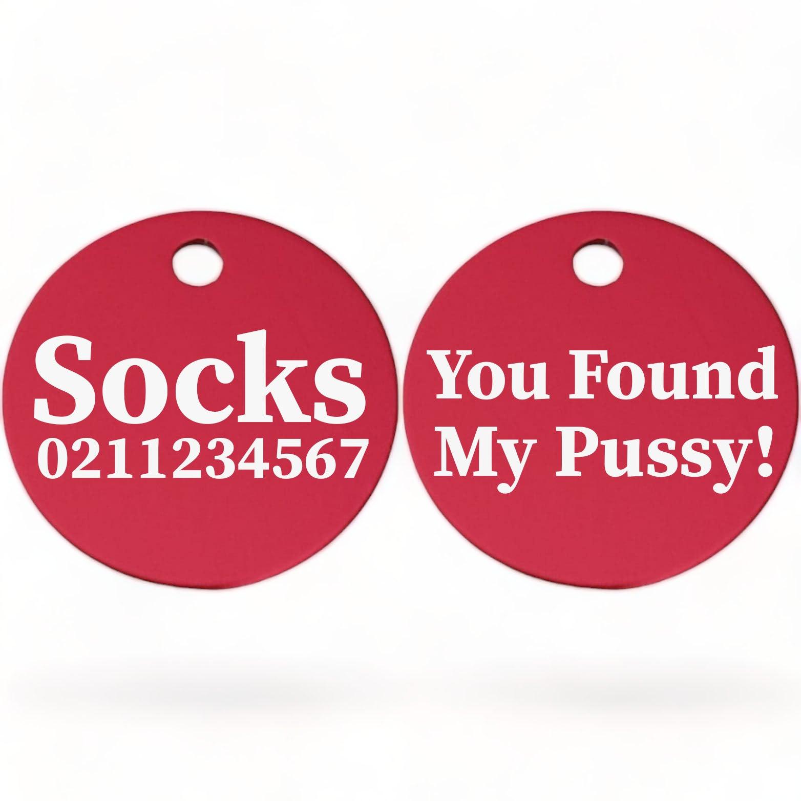 ⭐️Purr. Meow. Woof.⭐️ - You Found My Pussy! | Round Aluminium | Cat & Kitten ID Pet Tag - DeepPink